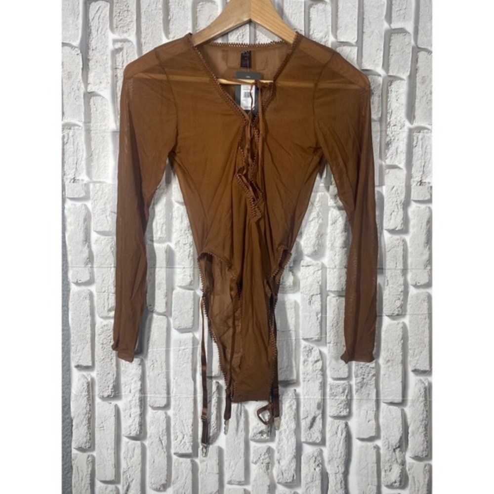 Frederick's of Hollywood Lola Lee Long Sleeve‎ Garter Bodysuit in Coco SZ M - Picture 2 of 9